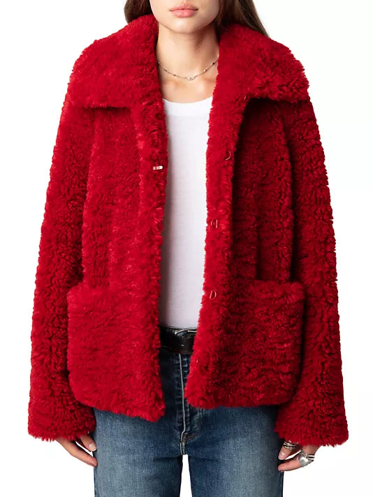 Zadig & Voltaire-Fred Soft Curly Faux Fur Coat in Crimson