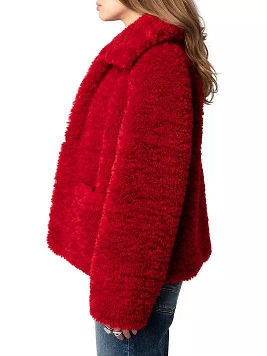 Zadig & Voltaire-Fred Soft Curly Faux Fur Coat in Crimson