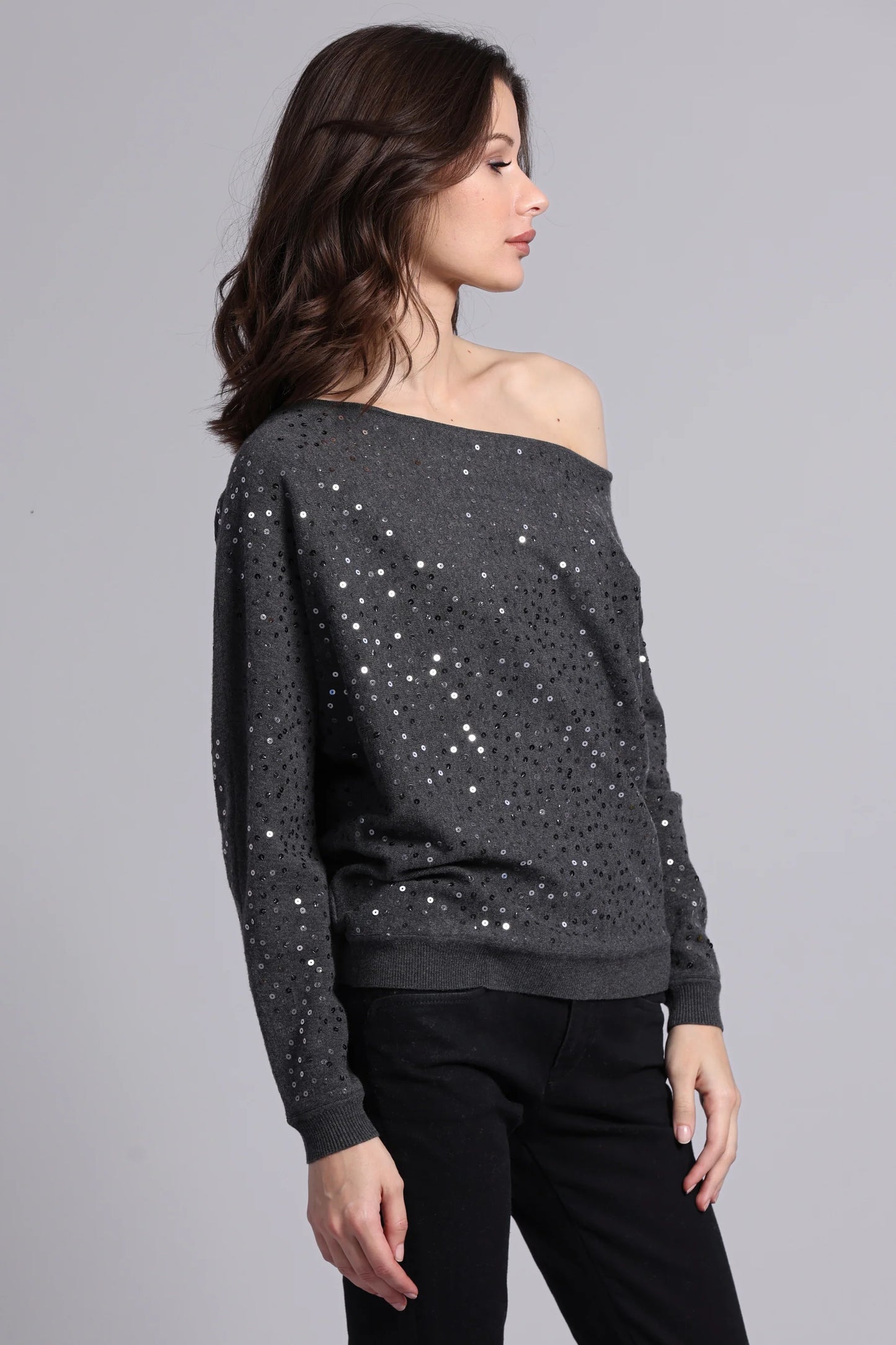 Minnie Rose-Viscose Sequin Off The Shoulder Top-Grey