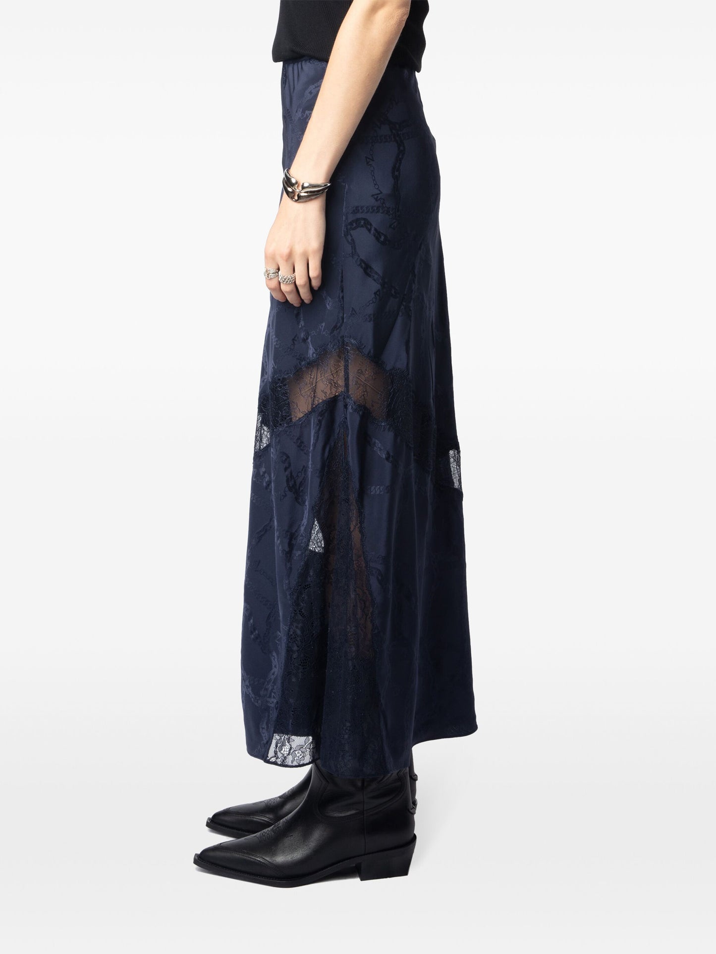 Zadig & Voltaire Jaylal Jacquard Chaines Silk Midi Skirt-Navy