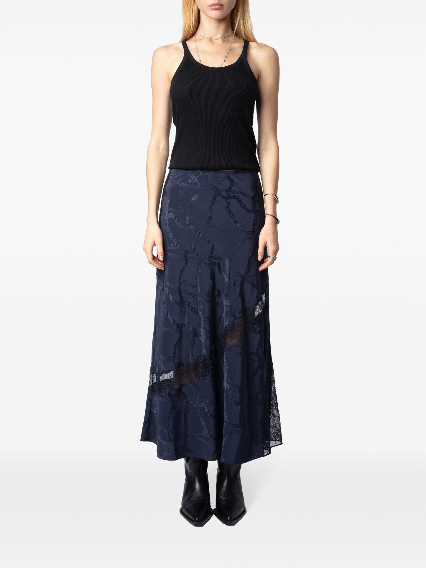 Zadig & Voltaire Jaylal Jacquard Chaines Silk Midi Skirt-Navy