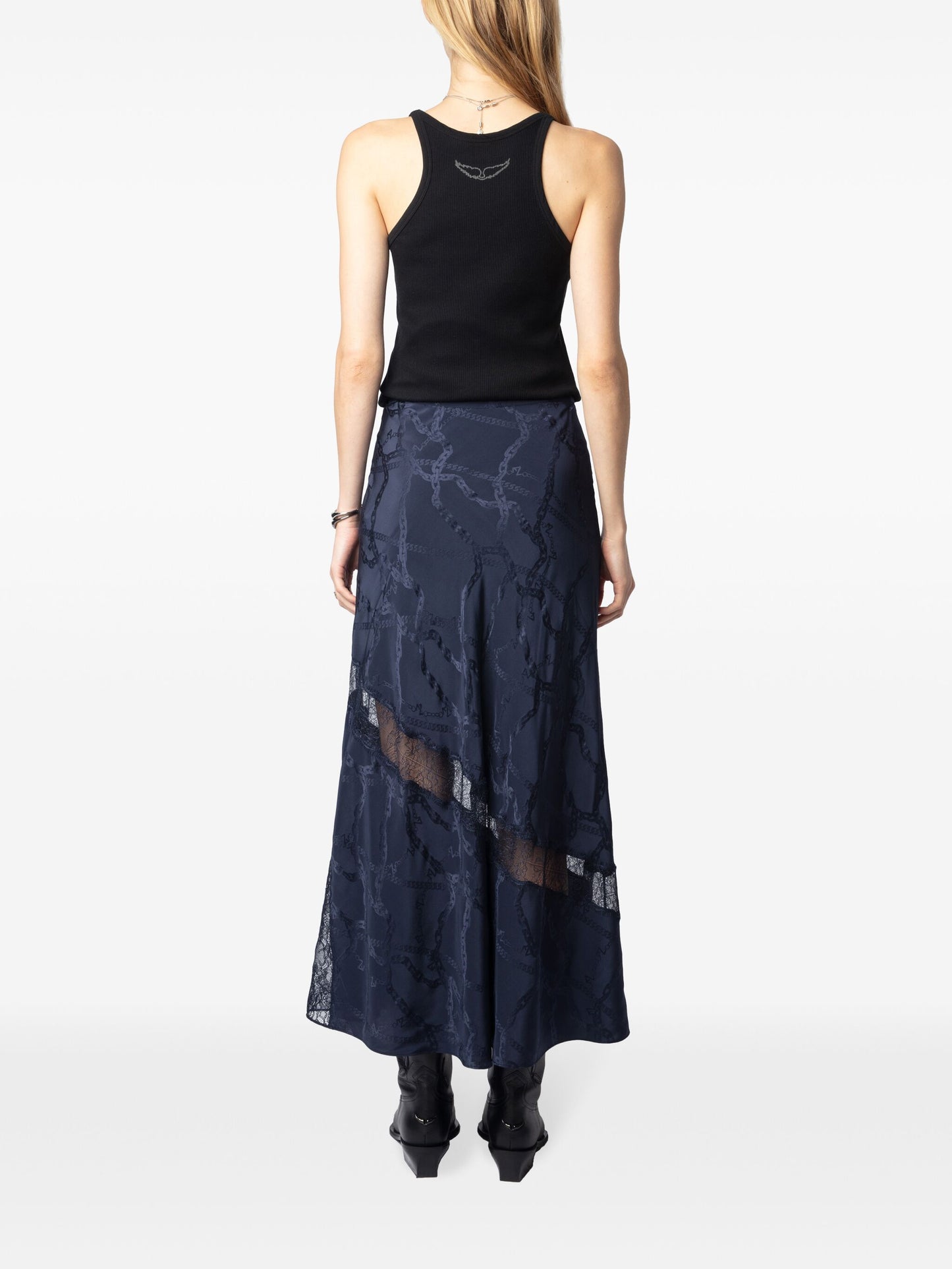 Zadig & Voltaire Jaylal Jacquard Chaines Silk Midi Skirt-Navy