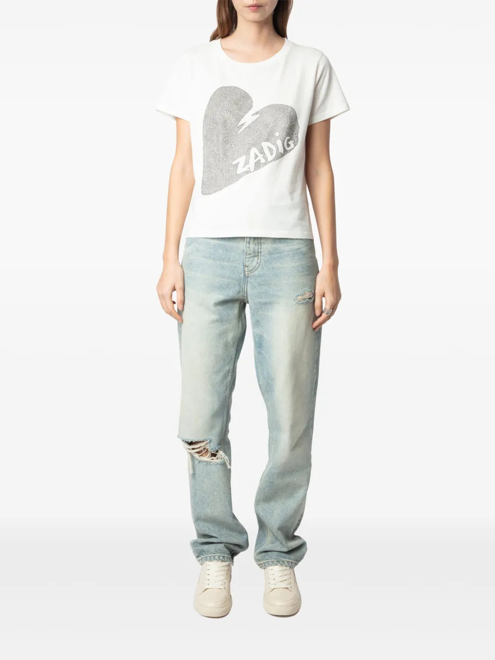 Z&V-Alys Big Heart Strass Crystal Embellished Graphic Tee-White