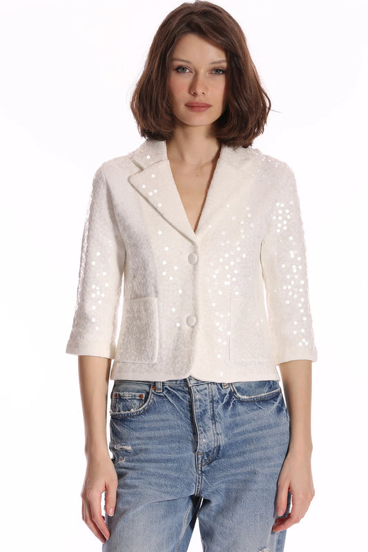 Minnie Rose Paillette Sequin Shrunken Blazer - White