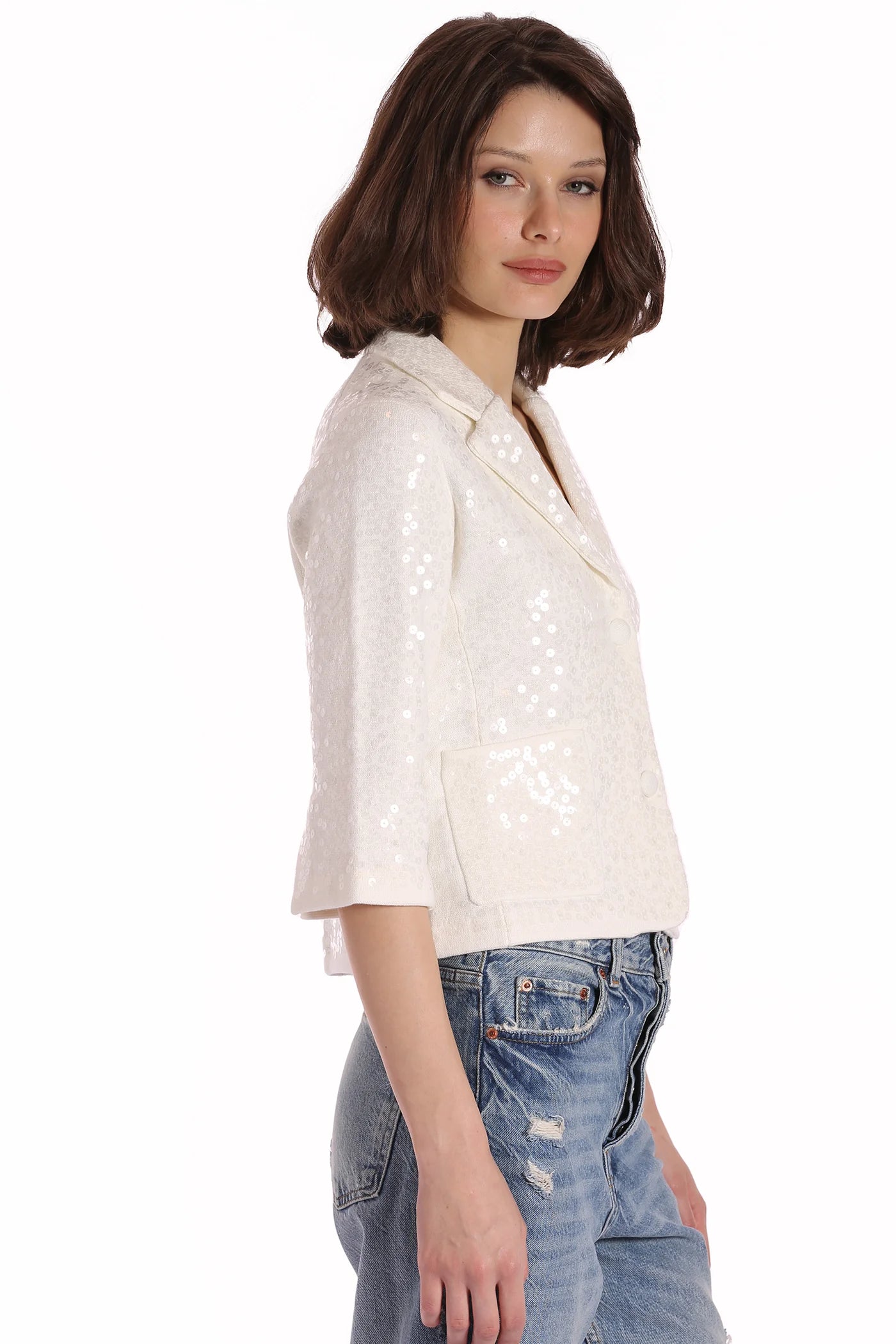 Minnie Rose Paillette Sequin Shrunken Blazer - White