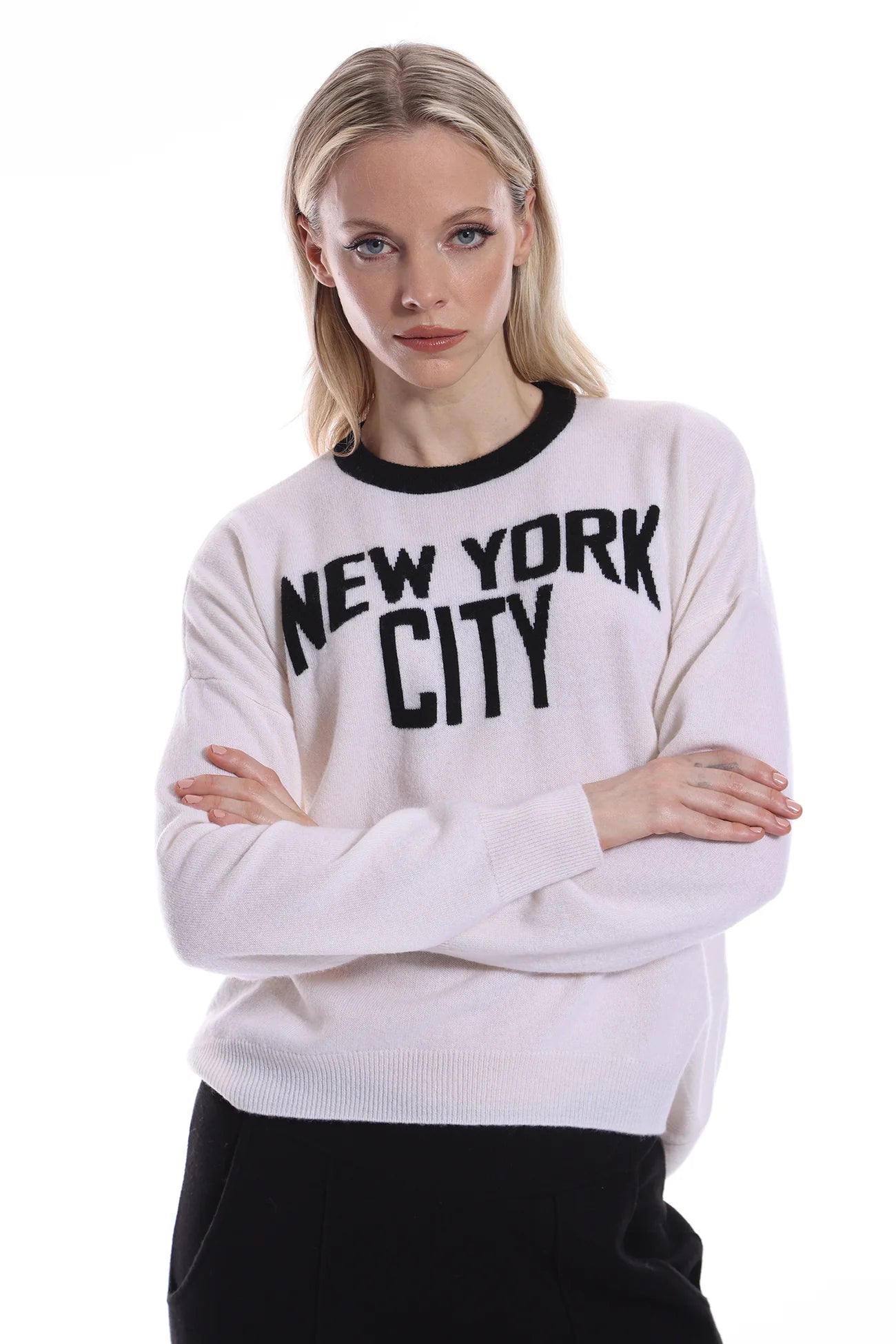 Minnie Rose - Cashmere New York City Crew Sweater - White/Black