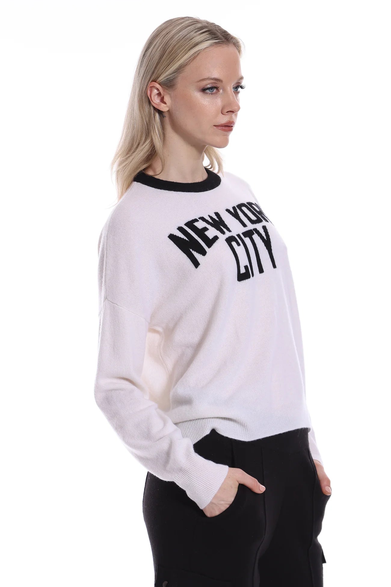 Minnie Rose - Cashmere New York City Crew Sweater - White/Black