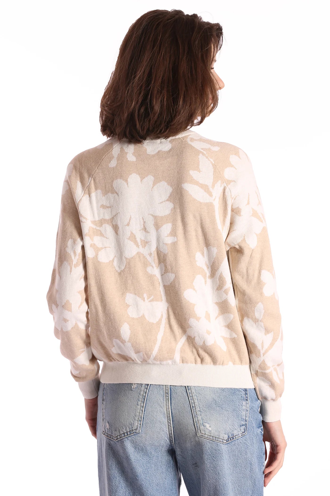 Minnie Rose - Cotton Cashmere 3/4 Sleeve Reversible Floral Crew