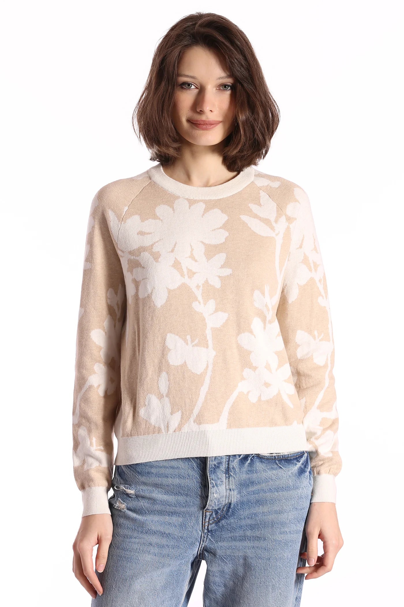 Minnie Rose - Cotton Cashmere 3/4 Sleeve Reversible Floral Crew