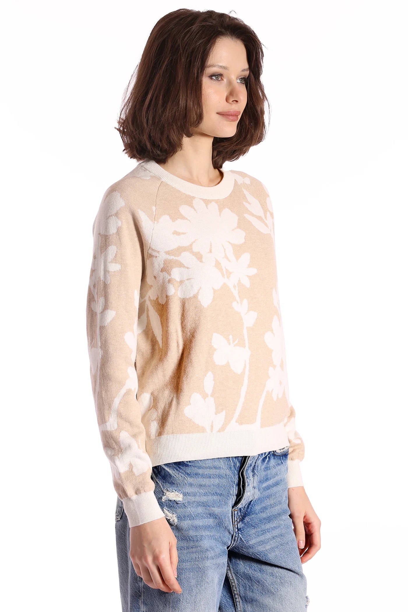 Minnie Rose - Cotton Cashmere 3/4 Sleeve Reversible Floral Crew