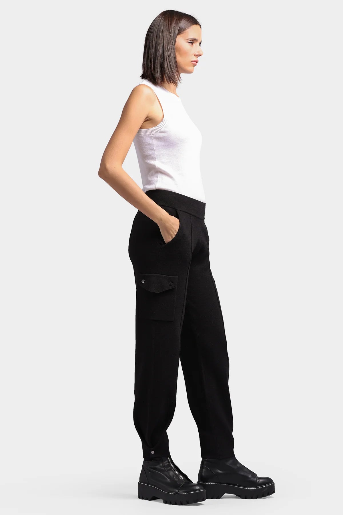 Minnie Rose-Cotton Blend Pleated Snap Leg Cargo Pant-Black