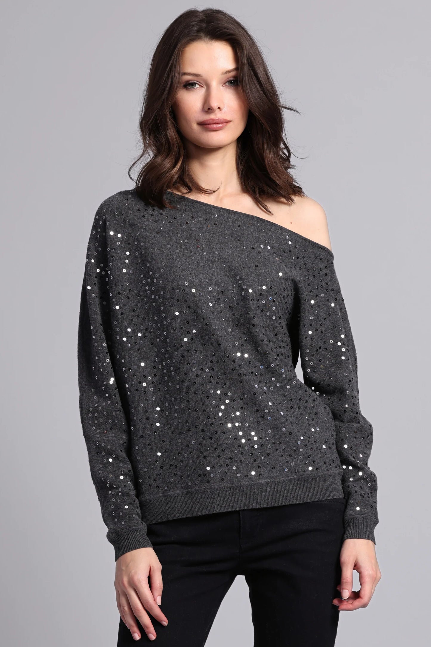 Minnie Rose-Viscose Sequin Off The Shoulder Top-Grey