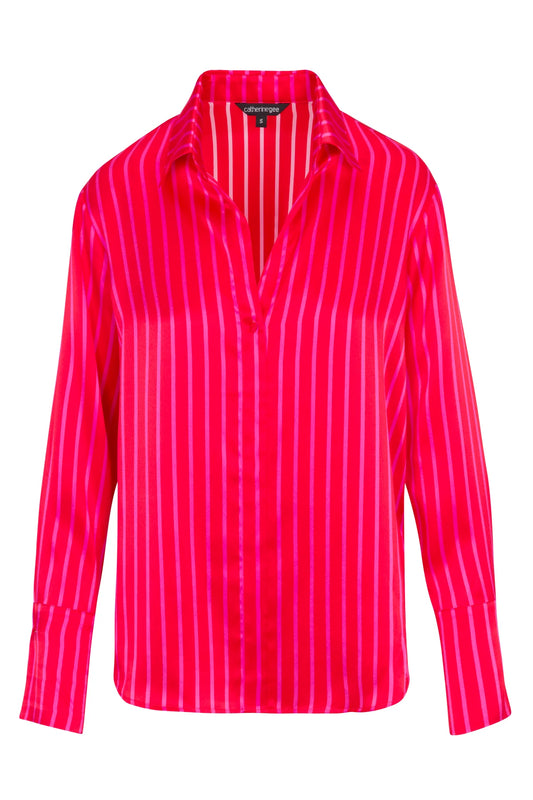 Catherine Gee-Daria French Cuff Silk Blouse-Red/Pink Stripe