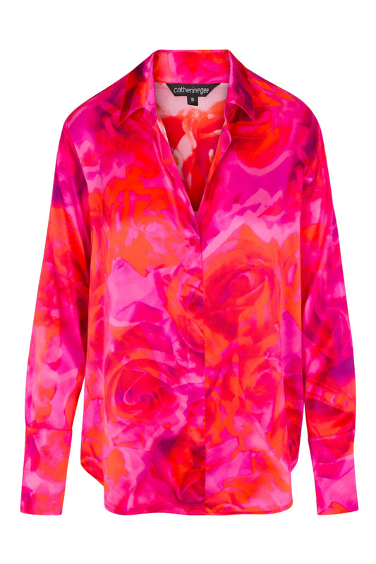 Catherine Gee-Daria French Cuff Silk  Blouse-Hot Roses